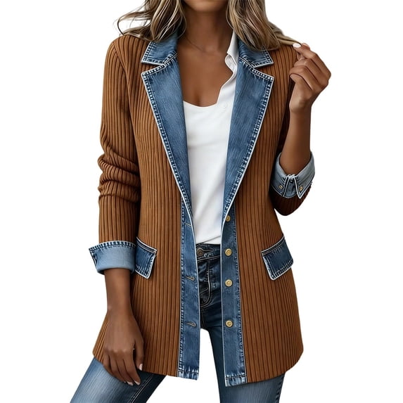 Hsovts Women Denim Patchwork Jacket Denim Cuffs Winter Fall Collared Jackets Knit Long Sleeve Patchwork Button Down Loose Lightweight Outerwear Brown S