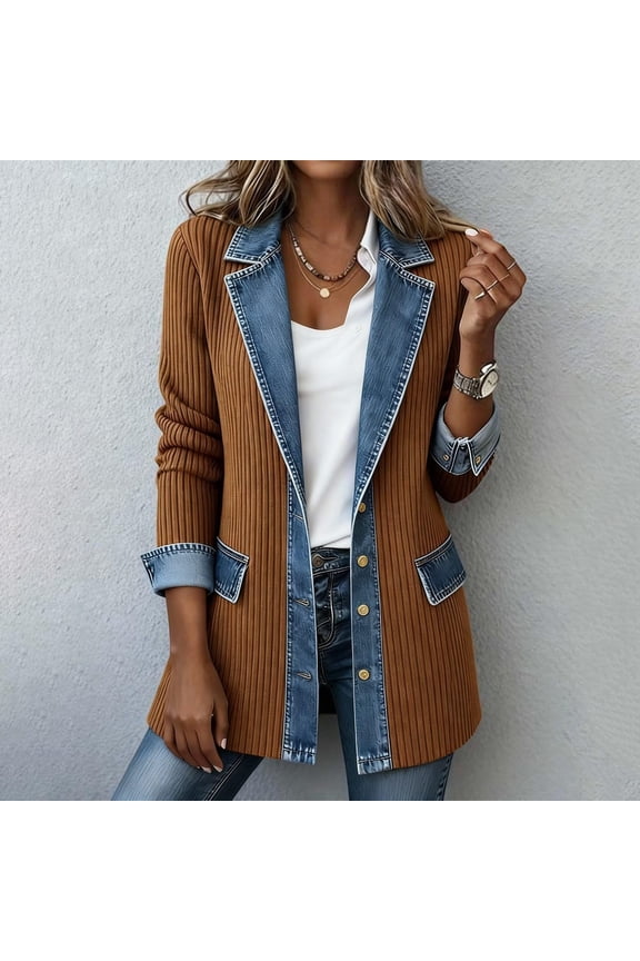 Women Denim Patchwork Jacket Patchwork Winter Fall Collared Jackets Knit Button Down Denim Cuffs Long Sleeve Casual Loose Shacket Brown L