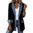 thumbnail image 1 of Hsovts Women Knit Denim Spliced Fashion Jacket Long Sleeve Button Down Color Block Coat Loose Silhouette Fall Winter Layering Outfits Black 2xL, 1 of 6