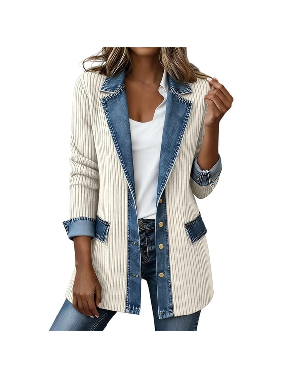 Women Mid Length Open Front Knit Jacket With Denim Trim Long Sleeve Relaxed Fit Casual Outerwear Multiple Solid And Block Colors White L