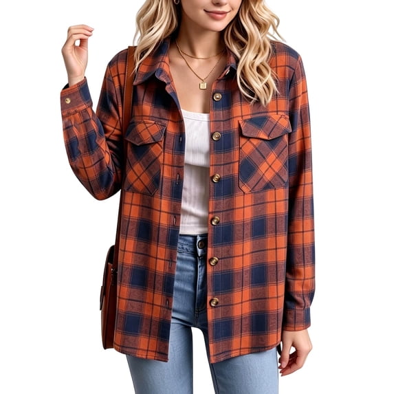 Hsovts Women Multi‑Color Buffalo Tartan Plaid Flannel Shirt, Button Up Long Sleeve Chest Pocket Loose Fit Fall Winter Casual Outerwear Perfect as Open‑Front Shacket Coat Orange XL