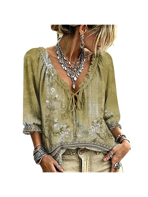 Women Multi Pattern Casual Tops, Boho V Neck 3/4 Sleeve Lace Ornament Various Choice Soft Daily Blouse Green 2xL