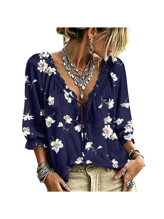 Women Multi Print Blouses Boho Style, V Neck 3/4 Sleeve Lace Cuff Various Choice Chiffon Casual Tops Blue S