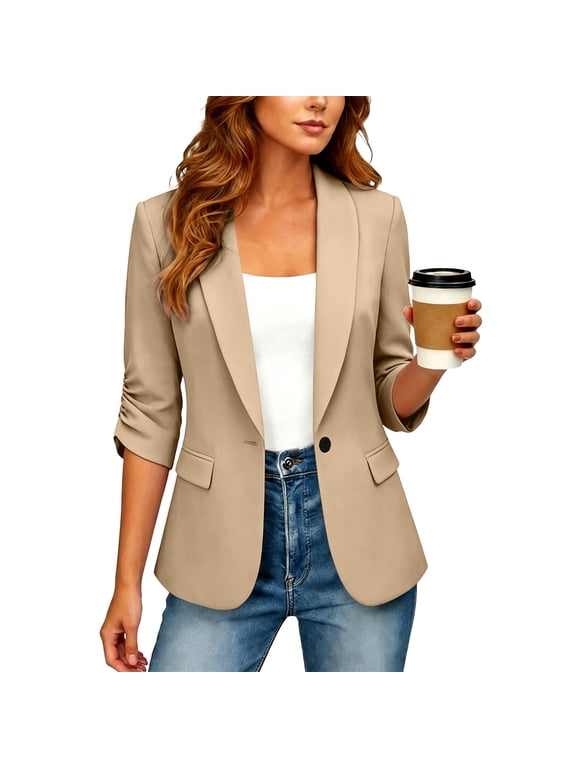 Women Office Work Blazer Assorted Solid Colors One‑Button 3/4 Sleeve Lightweight Fitted Tailored Casual Summer Business Jacket Khaki L