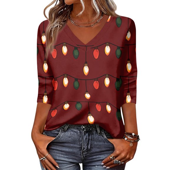 Hsovts Women Plus Size Christmas 3/4 Sleeve V‑Neck Top Watercolor Tree Print Soft Knit T‑shirt Casual Shirt Slim Silhouette Red 2xL