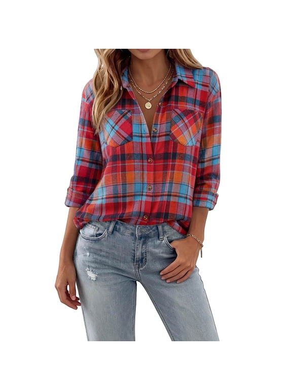 Women Tartan Plaid Flannel Shirt, Button Up Long Sleeve Buffalo Check Loose Fit Vintage Style Casual Outerwear Suitable for Layering in Fall Winter Streetwear Multicolor L