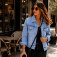 thumbnail image 1 of Hsovts Women's Candy Color Denim Jacket Long Sleeve Loose Trucker Coat | Trendy Lapel, Long Sleeve, Buttoned Cuffs, Relaxed Fit, Sweet Color, Classic Wash Jean Coat with Pockets, Outfits Light Blue S, 1 of 5