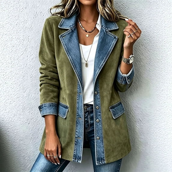 Hsovts Women's Faux Suede Blazer Jacket, Warm Comfort Notched Lapel Single Breasted Brown Faux Suede Leather Suit Jacket for Womens Casual Winter Coat Army Green S