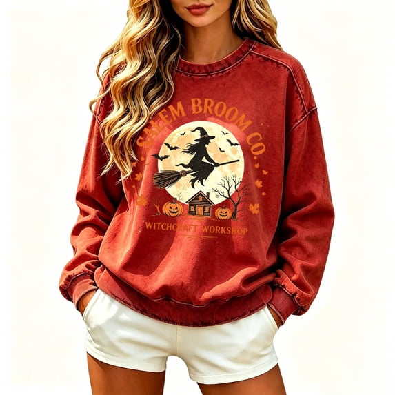 Hsovts Women's Salem Broom Company Printed Sweatshirt Halloween Witch Crewneck Shirts Casual Festival Graphic Tees Tops Long Sleeve Pullover Sweater Halloween Sweatshirts for Women Red 2xL