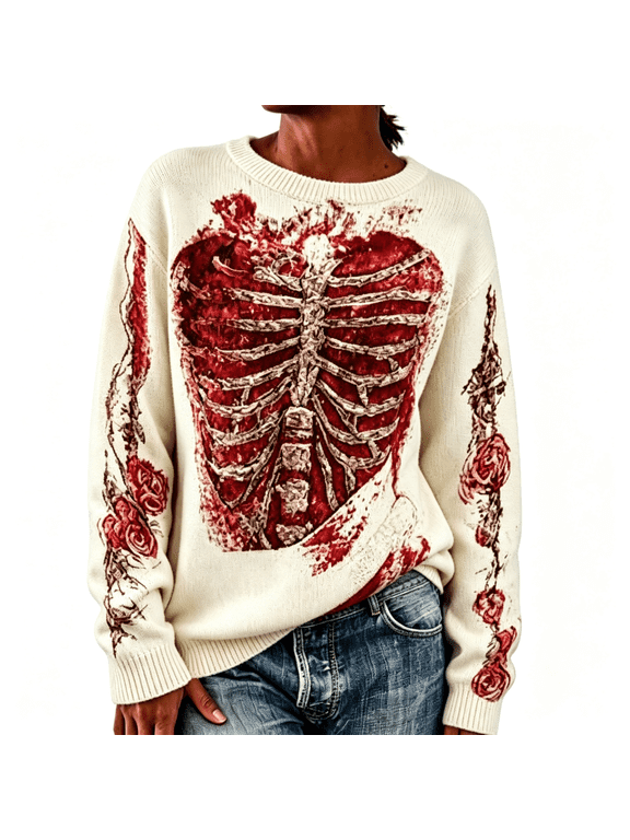 Women's Skeleton 3D Embossed Knit Sweater, Crew Neck Long Sleeve Skull Bone Graphic Pullover, Gothic Retro Contrast Color Knit Top for Halloween Party Casual Outfit