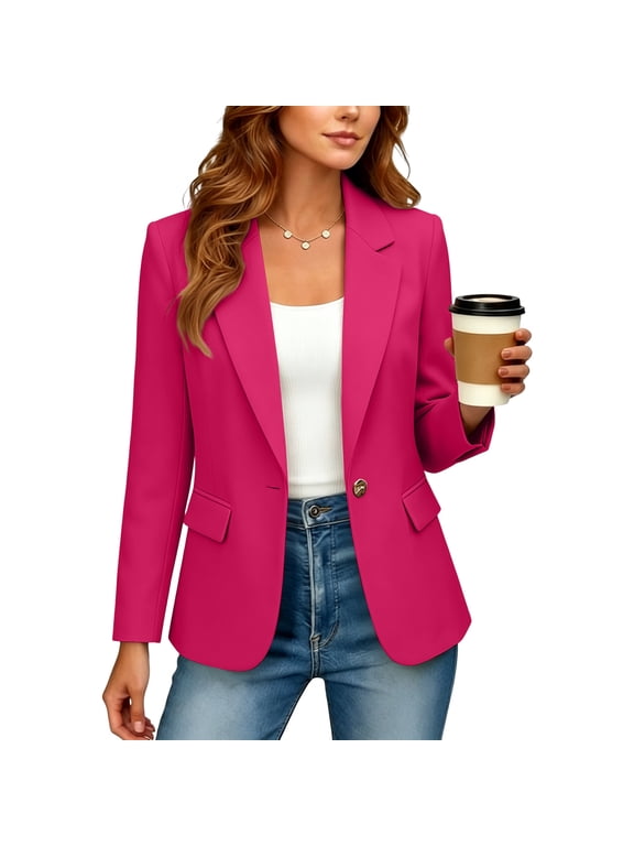 Women's Tailored Fitted Blazer Multiple Solid Shades One‑Button Long Sleeve Lightweight Casual Summer Business Work Outerwear Hot Pink XL