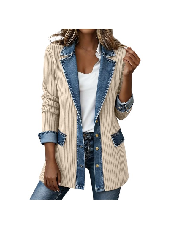 Womens Denim Patchwork Collared Shirt Jacket, Corduroy Shirts | Lightweight Shacket, Soft Ribbed Knit, Button Down Closure, Denim Spliced Jackets Beige M