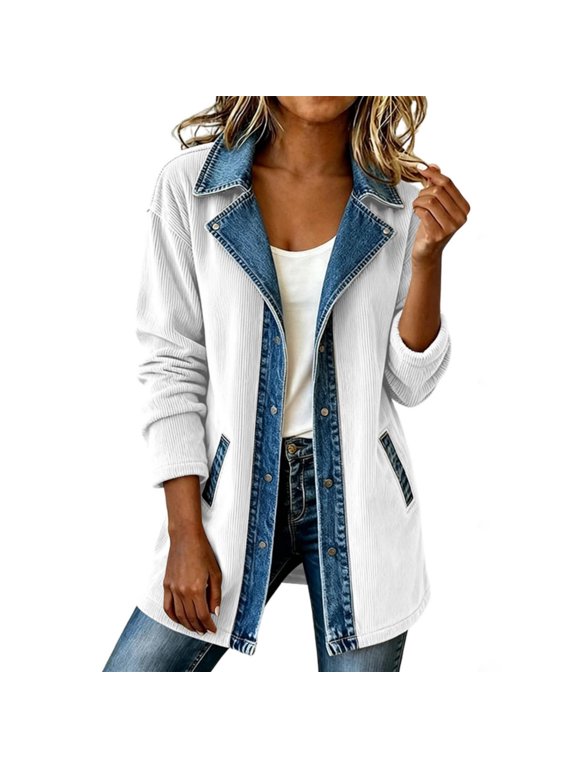 Womens Denim Patchwork Collared Shirt Jacket, Corduroy Shirts | Lightweight Shacket, Soft Ribbed Knit, Button Down Closure, Denim Spliced Jackets White S