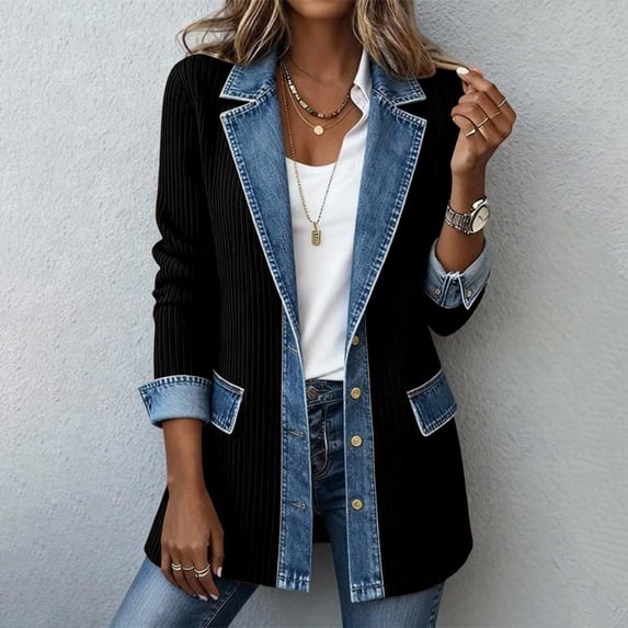 Hsovts Womens Denim Patchwork Collared Shirt Jacket Patchwork Corduroy Collared Jacket Winter Fall Button Down Denim Cuffs Long Sleeve Loose Casual Blazer Black 2XL