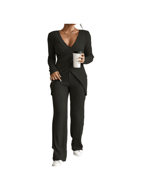 Womens Fall Ribbed Knit Two Piece Outfits,Long Sleeve Cross Wrap V Neck Top Wide Leg Pants Casual Women Lounge Suit