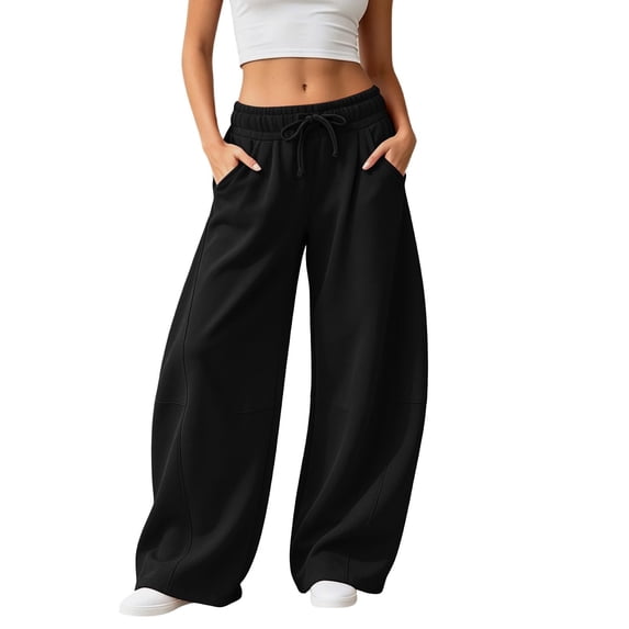 Hsovts Womens High Waist Wide Leg Sweatpants, Baggy Barrel Oversized Sweatpant, Elastic Drawstring Waist Casual Pants With Pockets Black XL