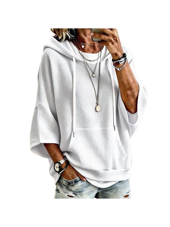 Womens Loose Hooded Tops Fashion Waffle Knit Sweaters 3/4 Length Sleeve Drawstring Pullover Autumn Shirts White S