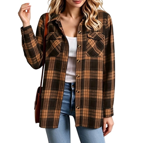Hsovts Womens Plaid Flannel Button Down Shirt, Long Sleeve Tartan Buffalo Check Relaxed Fit Multi‑Color Option Casual Daily Camping Tops with Adjustable Cuffs Coffee L