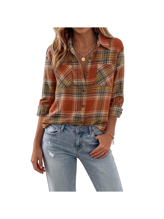 Womens Plaid Flannel Button Down Shirt, Long Sleeve Tartan Buffalo Check Relaxed Fit Multi‑Color Option Casual Daily Camping Tops with Adjustable Cuffs Orange L