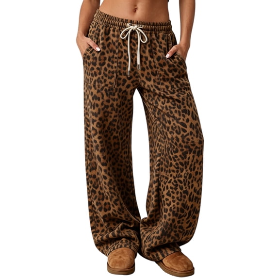 Hsovts Womens Straight Leg Sweatpants Casual Drawstring Lounge Pants with Pockets Elastic Waist Relaxed Fit Animal Print Brown L