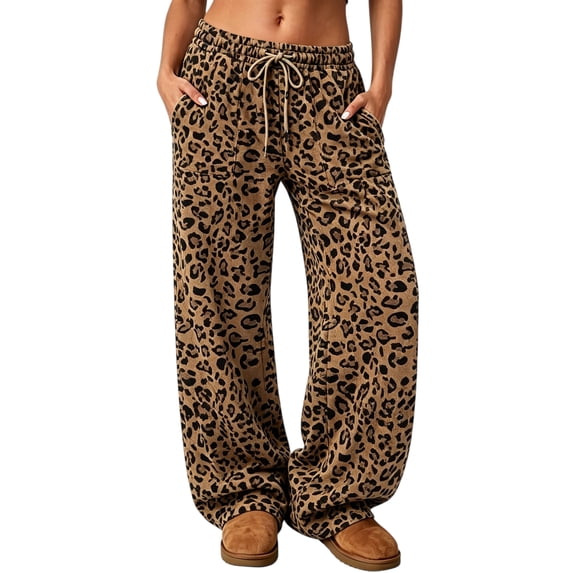 Hsovts Womens Straight Leg Sweatpants Casual Drawstring Lounge Pants with Pockets Elastic Waist Relaxed Fit Animal Print Camel M