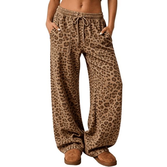 Hsovts Womens Straight Leg Sweatpants Casual Drawstring Lounge Pants with Pockets Elastic Waist Relaxed Fit Animal Print Coffee S