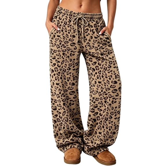 Hsovts Womens Straight Leg Sweatpants Casual Drawstring Lounge Pants with Pockets Elastic Waist Relaxed Fit Animal Print Leopard Print S