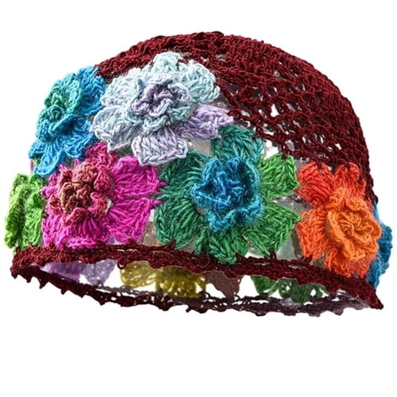 Hsqqdc 1 Piece Vintage Flower Crochet Hollow Beanie Hat for Women, Lightweight Elastic Breathable Knit Skull Cap