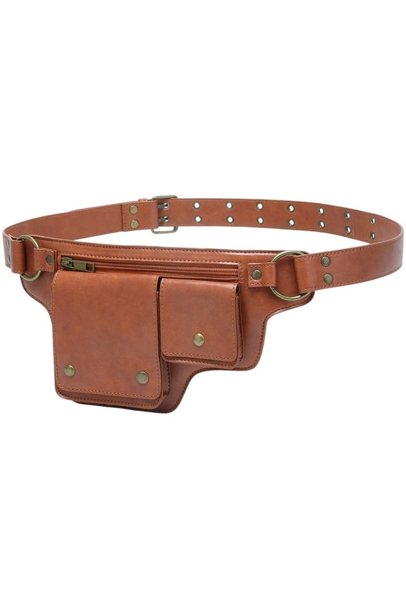 1pc Brown PU Leather Drop Leg Waist Bag Multifunctional Motorcycle Fanny Pack