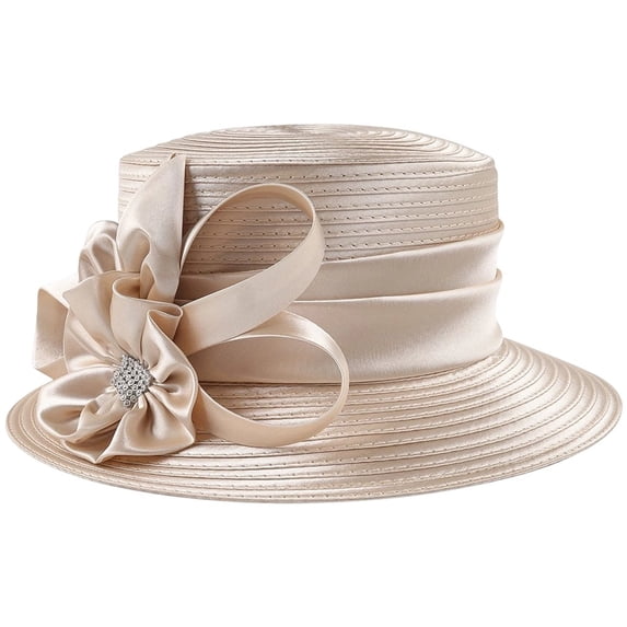 Hsqqdc 1pc Champagne Gold Satin Floral Church Hat Women Elegant Fascinator for Wedding Photography Banquets