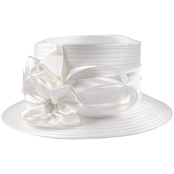 Hsqqdc 1pc White Satin Flower Church Derby Hat Women Elegant Fascinator for Wedding Formal Occasions