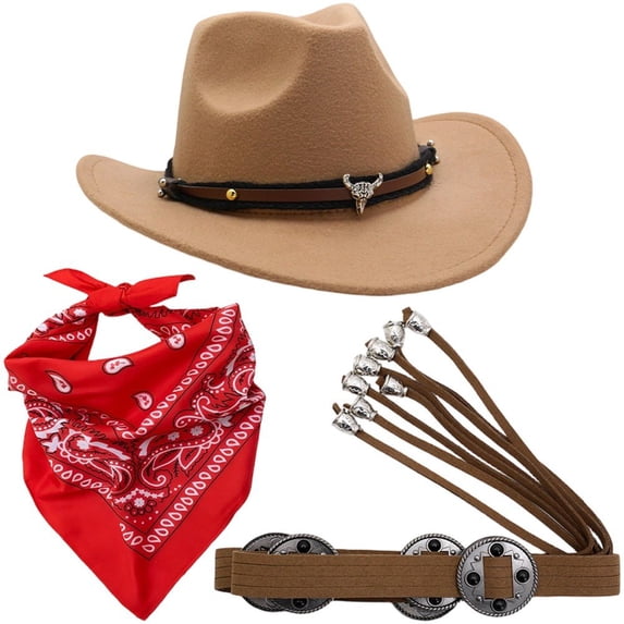 Hsqqdc 3-Piece Western Themed Accessory Set, Cowboy Hat Bandana and Belt for Themed Parties