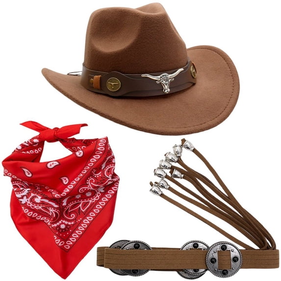 Hsqqdc 3-Piece Western Themed Accessory Set, Cowboy Hat Bandana and Belt for Themed Parties
