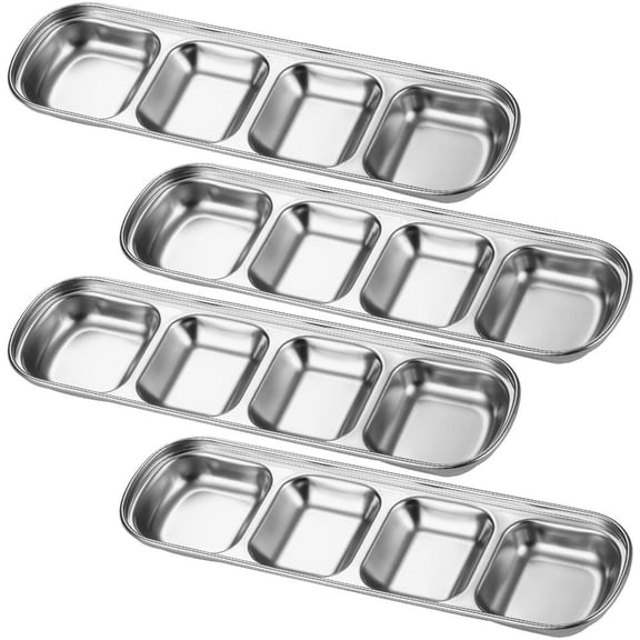Hsqqdc 4 Compartment Stainless Steel Sauce Dish, Divided Condiment Dipping Bowls Set, Steel Color, 4 Pieces