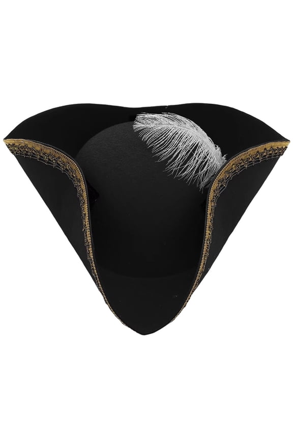 Adult Tricorn Buccaneer Pirate Hat with Feather, Colonial Style for Renaissance Parties