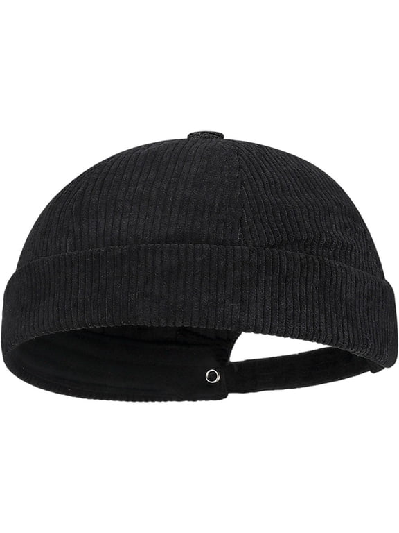 Black Corduroy Docker Cap, Retro Rolled Cuff Brimless Skullcap Adjustable for Men Women