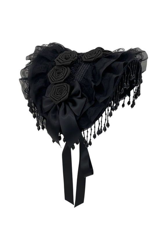 Black Sweet Lolita Lace Bonnet Hat, Victorian Ruffle Hat with Tassels for Tea Party