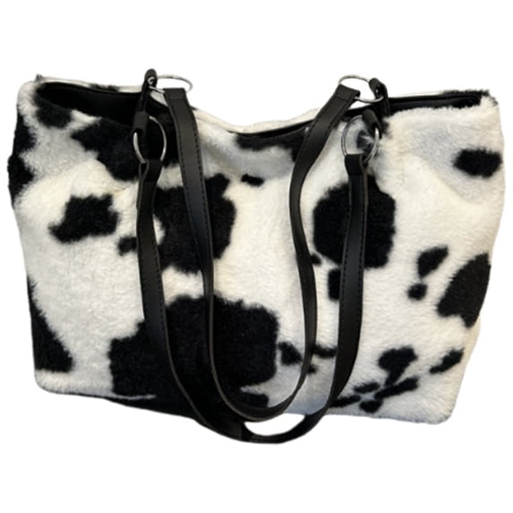 Hsqqdc Black Women Cow Print Plush Armpit Bag Large Capacity Korean Style Shoulder Handbag