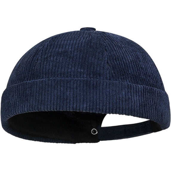 Hsqqdc Blue Corduroy Docker Cap, Retro Rolled Cuff Brimless Skullcap Adjustable for Men Women