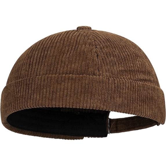 Hsqqdc Brown Corduroy Docker Cap, Retro Rolled Cuff Brimless Skullcap Adjustable for Men Women