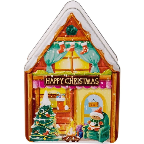 Hsqqdc Christmas Cookie Tin with Lid, Gingerbread House Metal Storage Box for Holiday Candy and Treats, Happy Christmas, 1 Pack