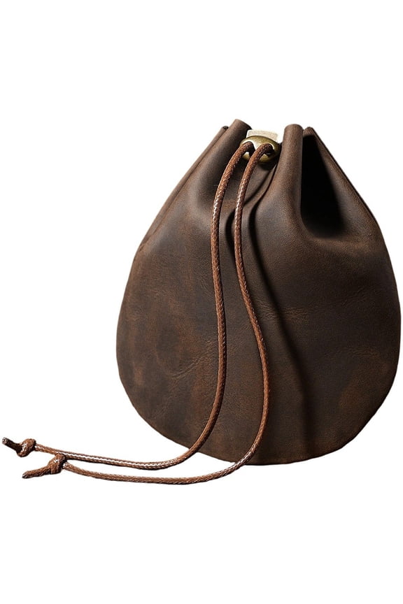 Cowhide Leather Drawstring Pouch, Waterproof Small Jewelry Coin Purse for Earphones