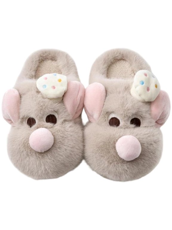 Cute Mouse Plush House Slippers, Thick Fleece Lined Winter Shoes, Light Gray, Size 38-39, 1 Pair