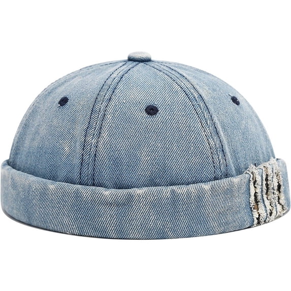 Hsqqdc Distressed Denim Docker Cap, Vintage Washed Brimless Hat Adjustable Sailor Cap