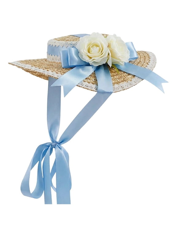 Elegant Wide Brim Straw Bonnet with Lace and Satin Ribbons, for Tea Parties