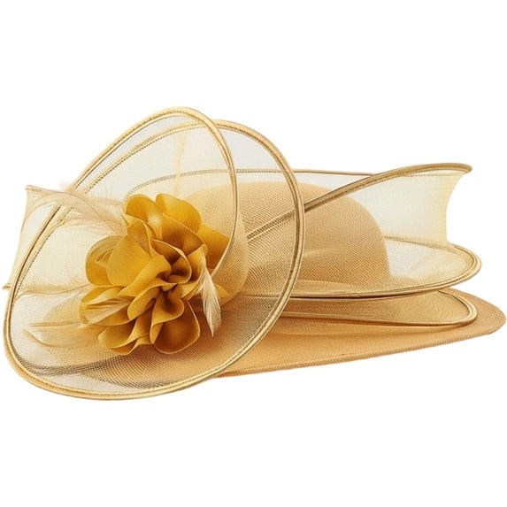 Hsqqdc Gold Wide Brim Derby Church Hat, Elegant Formal Fascinator Hat for Weddings