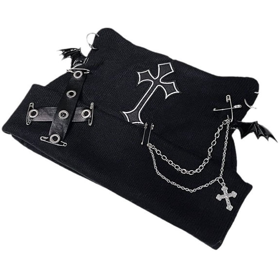Hsqqdc Goth Black Cat Ear Shape Beanie Knit Hat Y2K Punk Skull Caps