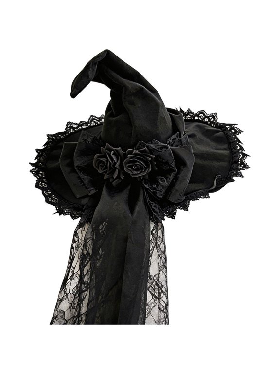 Gothic Lace Witch Hat Velvet Pointed Hat for Halloween Party