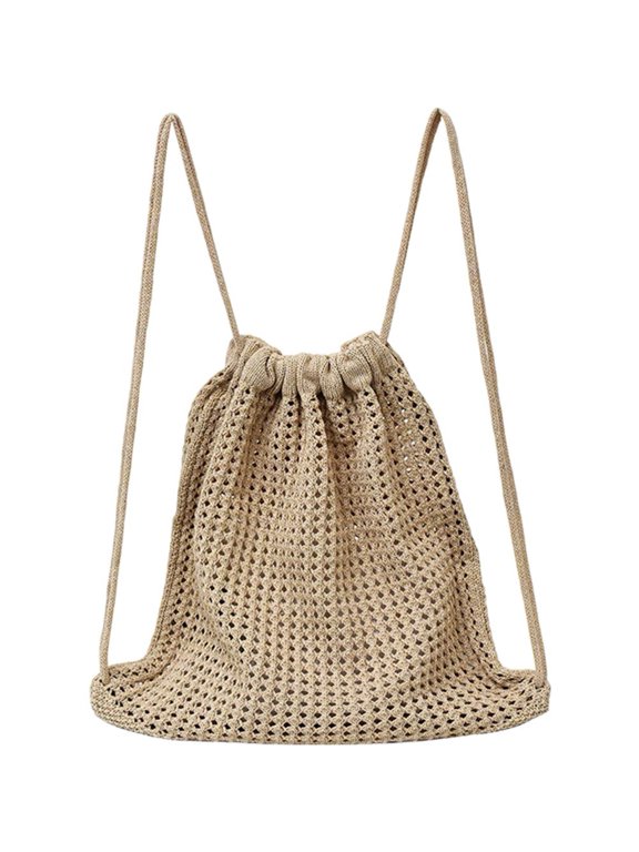 Handmade Crochet Drawstring Backpack Women Boho Knitted Rucksack Beach Bag