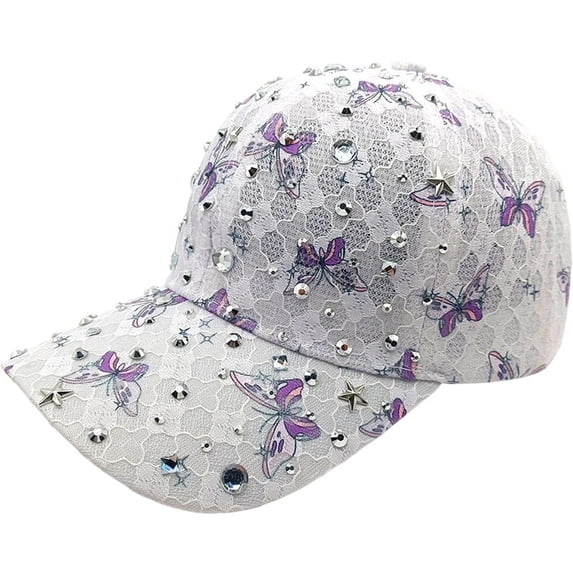 Hsqqdc Lace Rhinestone Baseball Cap, Bow-knot Butterfly Adjustable Sun Protection Hat